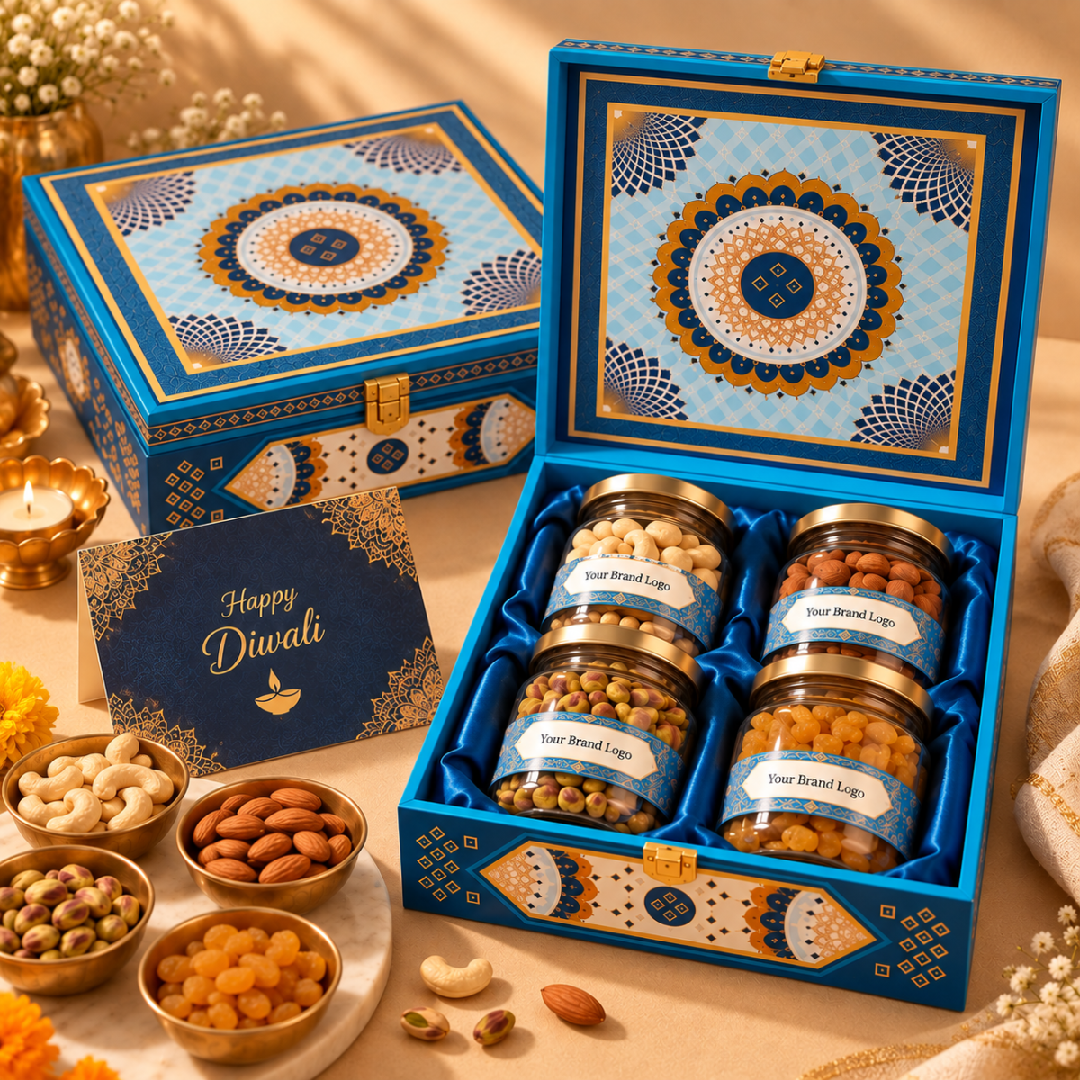 Premium Diwali Dry Fruit Gift Hamper with 4 Assorted Dry Fruits, Custom Branding & Personalized Greeting Card