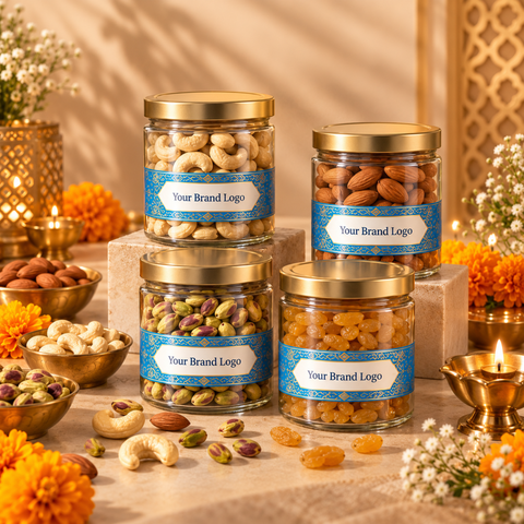Premium Diwali Dry Fruit Gift Hamper with 4 Assorted Dry Fruits, Custom Branding & Personalized Greeting Card