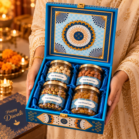 Premium Diwali Dry Fruit Gift Hamper with 4 Assorted Dry Fruits, Custom Branding & Personalized Greeting Card