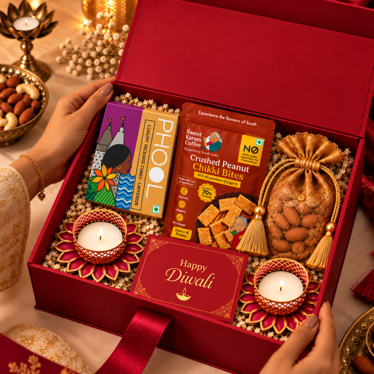 Premium Diwali Gift Hamper with Dry Fruits, Sweets & Decorative Diyas | Destiny Diwali Hamper