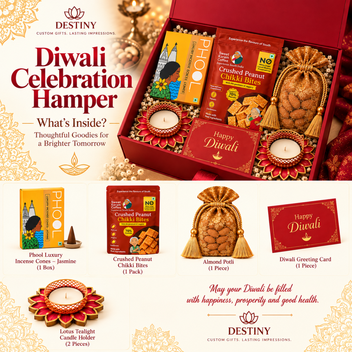 Premium Diwali Gift Hamper with Dry Fruits, Sweets & Decorative Diyas | Destiny Diwali Hamper