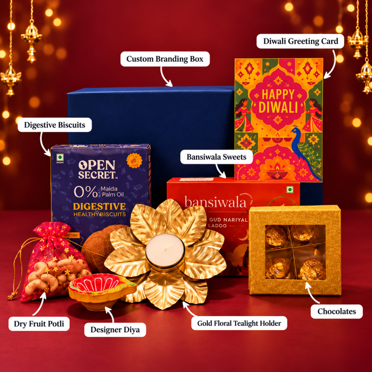 Premium Diwali Gift Hamper | Dry Fruits, Sweets & Diyas| Destiny Diwali Hamper