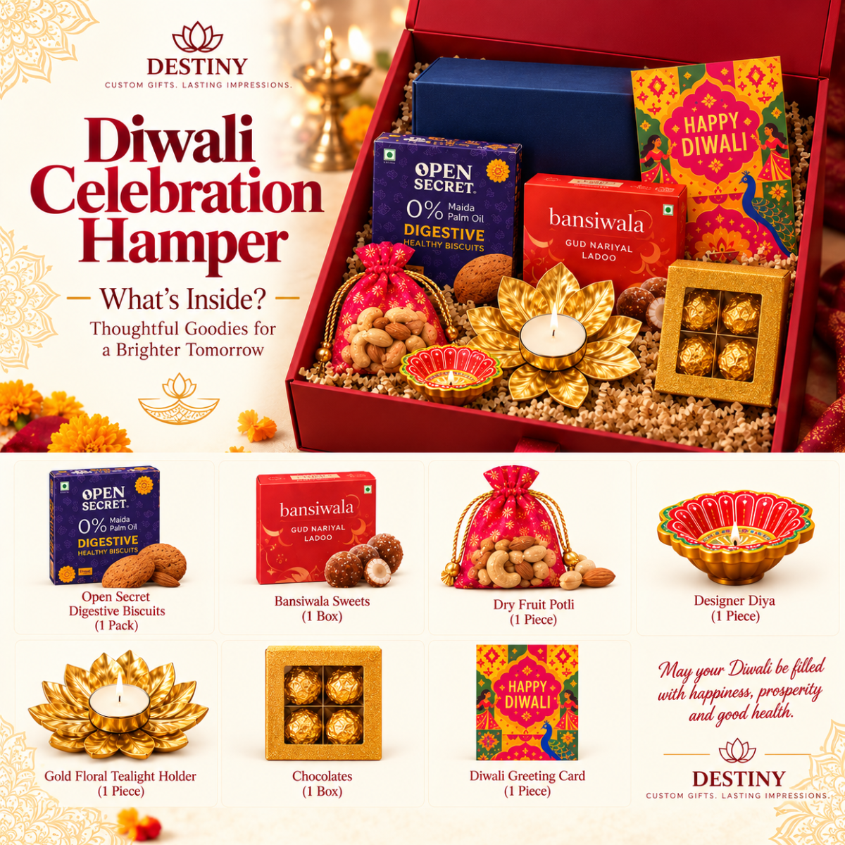 Premium Diwali Gift Hamper | Dry Fruits, Sweets & Diyas| Destiny Diwali Hamper