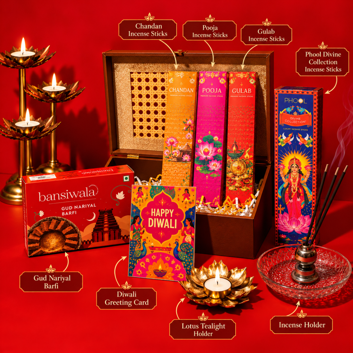Luxury Diwali Gift Hamper with Traditional Sweets, Incense & Decorative Diya | Destiny Diwali Hamper