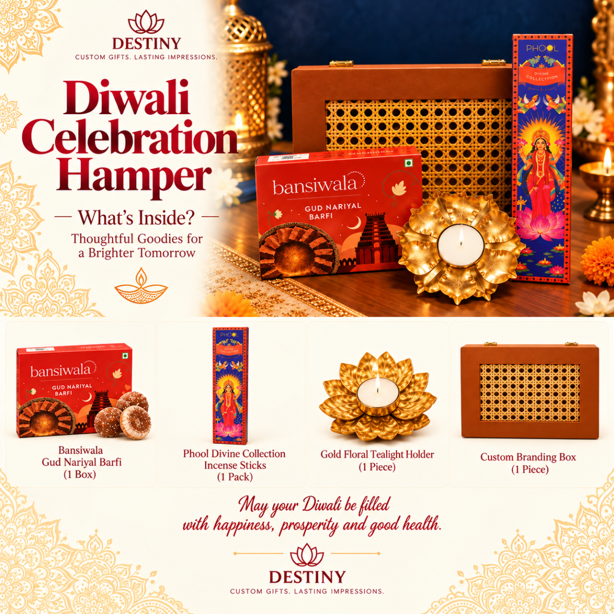 Luxury Diwali Gift Hamper with Traditional Sweets, Incense & Decorative Diya | Destiny Diwali Hamper