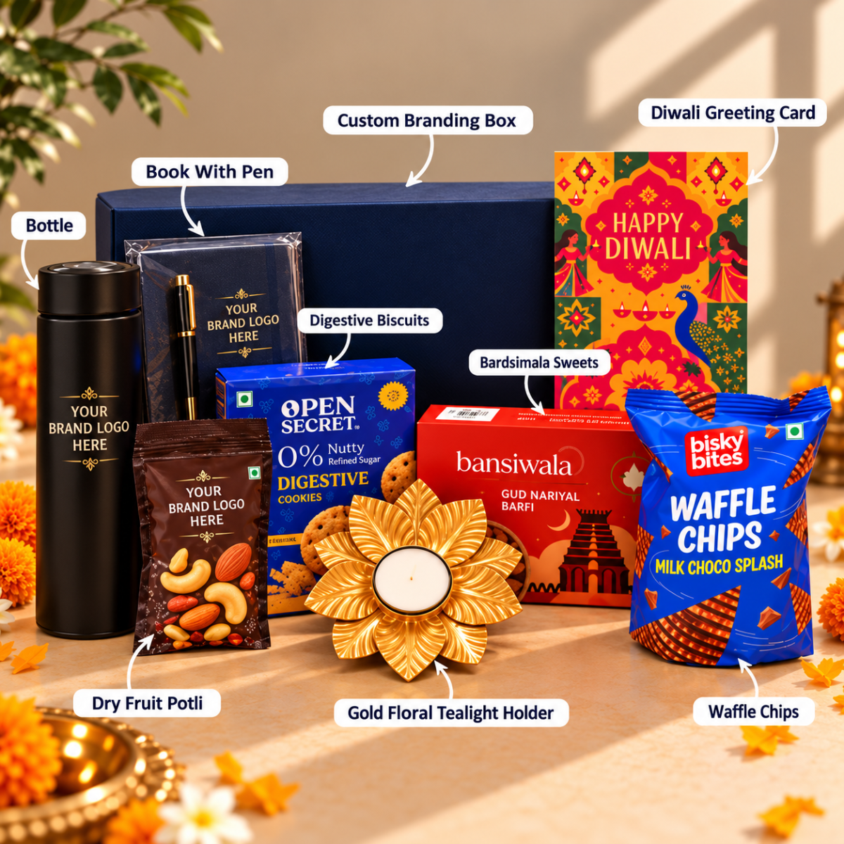 Premium Custom Diwali Corporate Gift Hamper with Diary, Tumbler, Dry Fruits & Sweets | Destiny Diwali Hamper