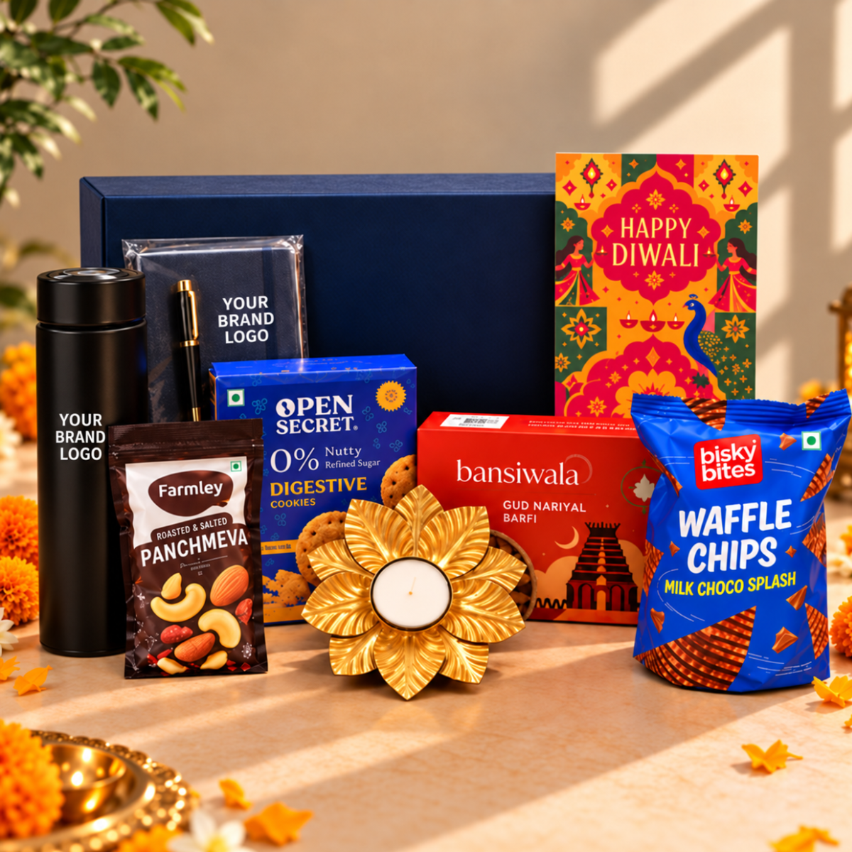 Premium Custom Diwali Corporate Gift Hamper with Diary, Tumbler, Dry Fruits & Sweets | Destiny Diwali Hamper