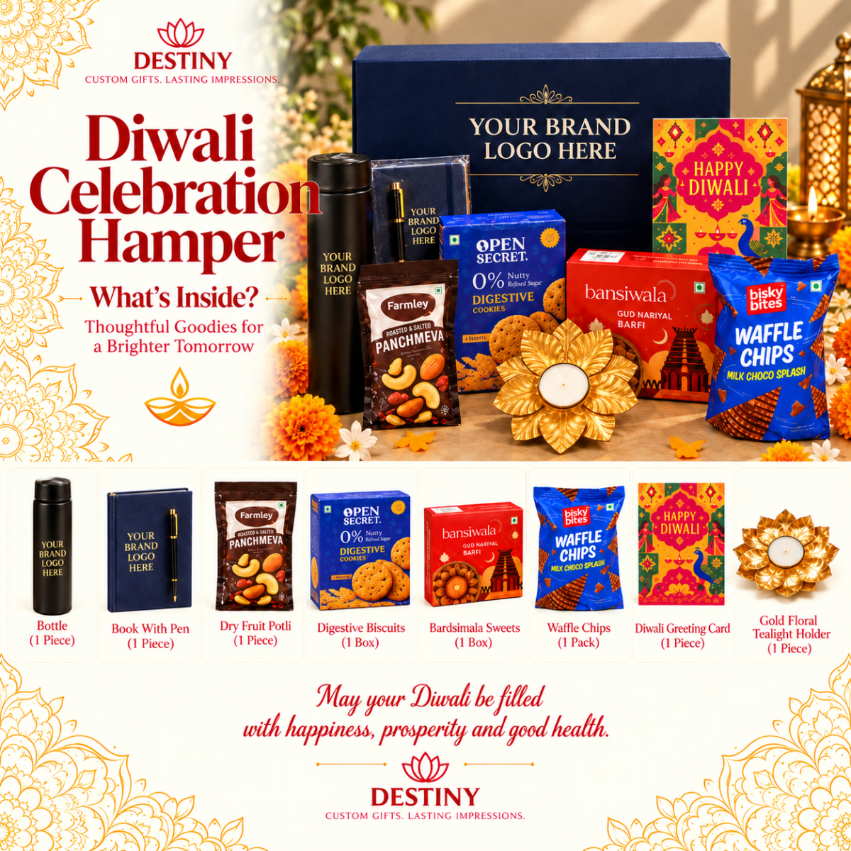 Premium Custom Diwali Corporate Gift Hamper with Diary, Tumbler, Dry Fruits & Sweets | Destiny Diwali Hamper