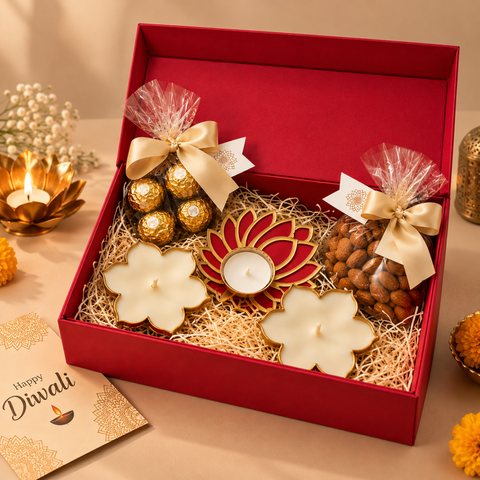 Destiny Premium Diwali Gift Hamper with Almonds, Ferrero Rocher & Diya