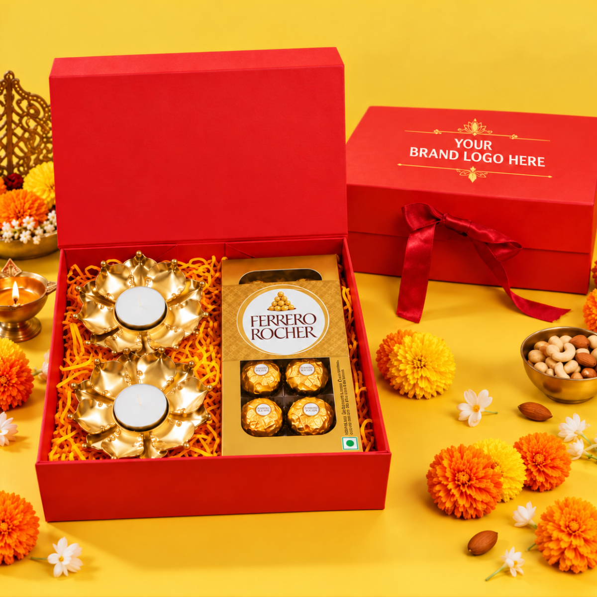 Premium Diwali Gift Box with Ferrero Rocher & Gold Floral Diyas | Destiny Diwali Hamper