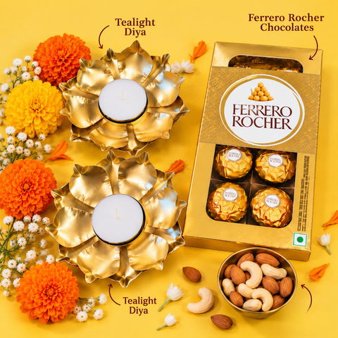 Premium Diwali Gift Box with Ferrero Rocher & Gold Floral Diyas | Destiny Diwali Hamper