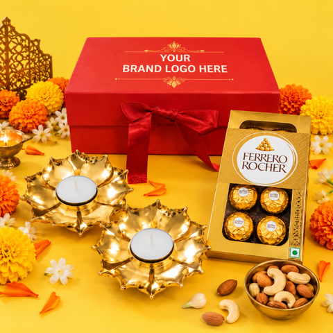 Premium Diwali Gift Box with Ferrero Rocher & Gold Floral Diyas | Destiny Diwali Hamper