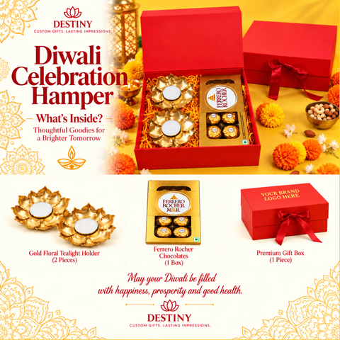 Premium Diwali Gift Box with Ferrero Rocher & Gold Floral Diyas | Destiny Diwali Hamper