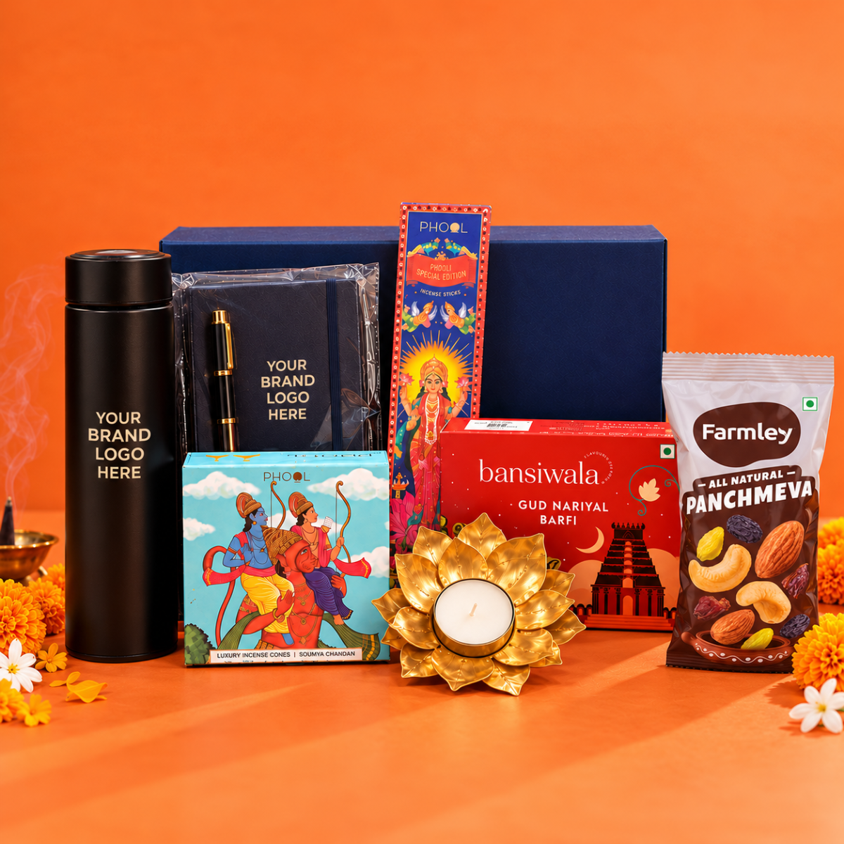 Premium Custom Diwali Corporate Gift Hamper with Tumbler, Diary, Dry Fruits & Diya | Destiny Diwali Hamper
