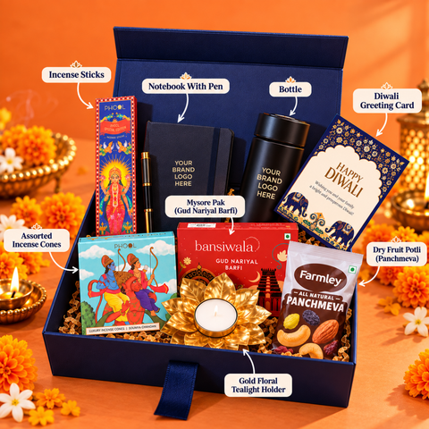 Premium Custom Diwali Corporate Gift Hamper with Tumbler, Diary, Dry Fruits & Diya | Destiny Diwali Hamper