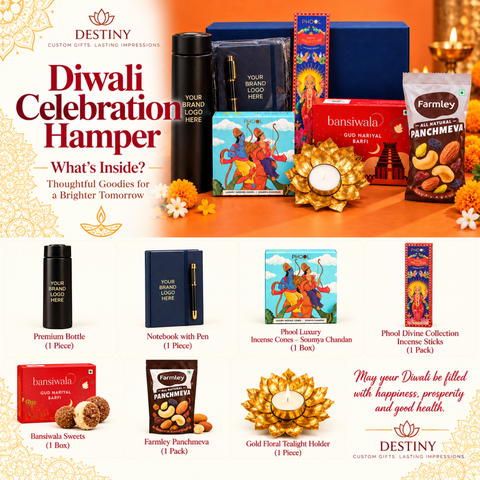 Premium Custom Diwali Corporate Gift Hamper with Tumbler, Diary, Dry Fruits & Diya | Destiny Diwali Hamper