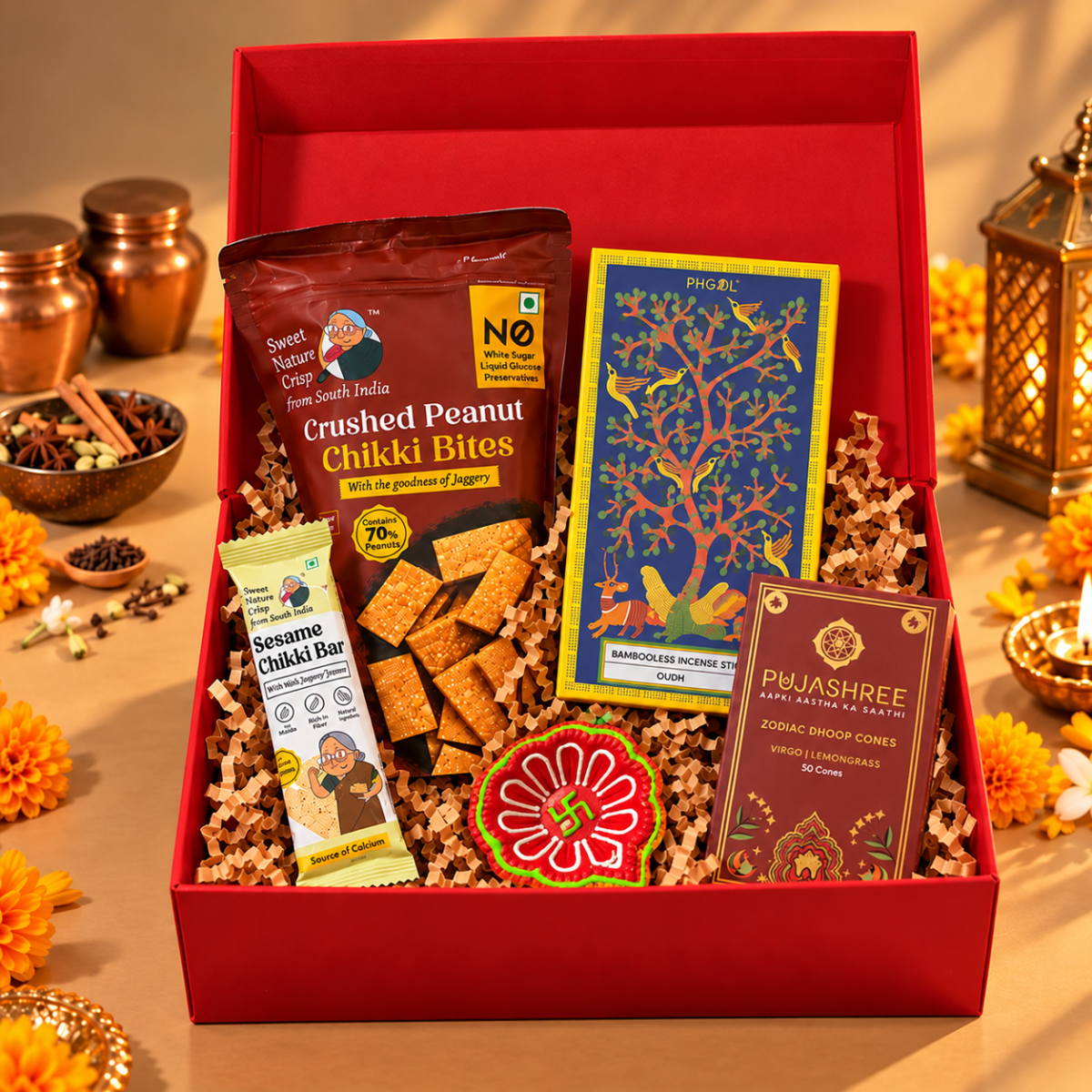 Traditional Diwali Gift Hamper with Chikki, Incense Sticks & Dhoop Cones | Destiny Diwali Hamper