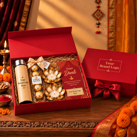 Luxury Diwali Corporate Gift Hamper with Personalised Bamboo Bottle, Chocolates & Diyas