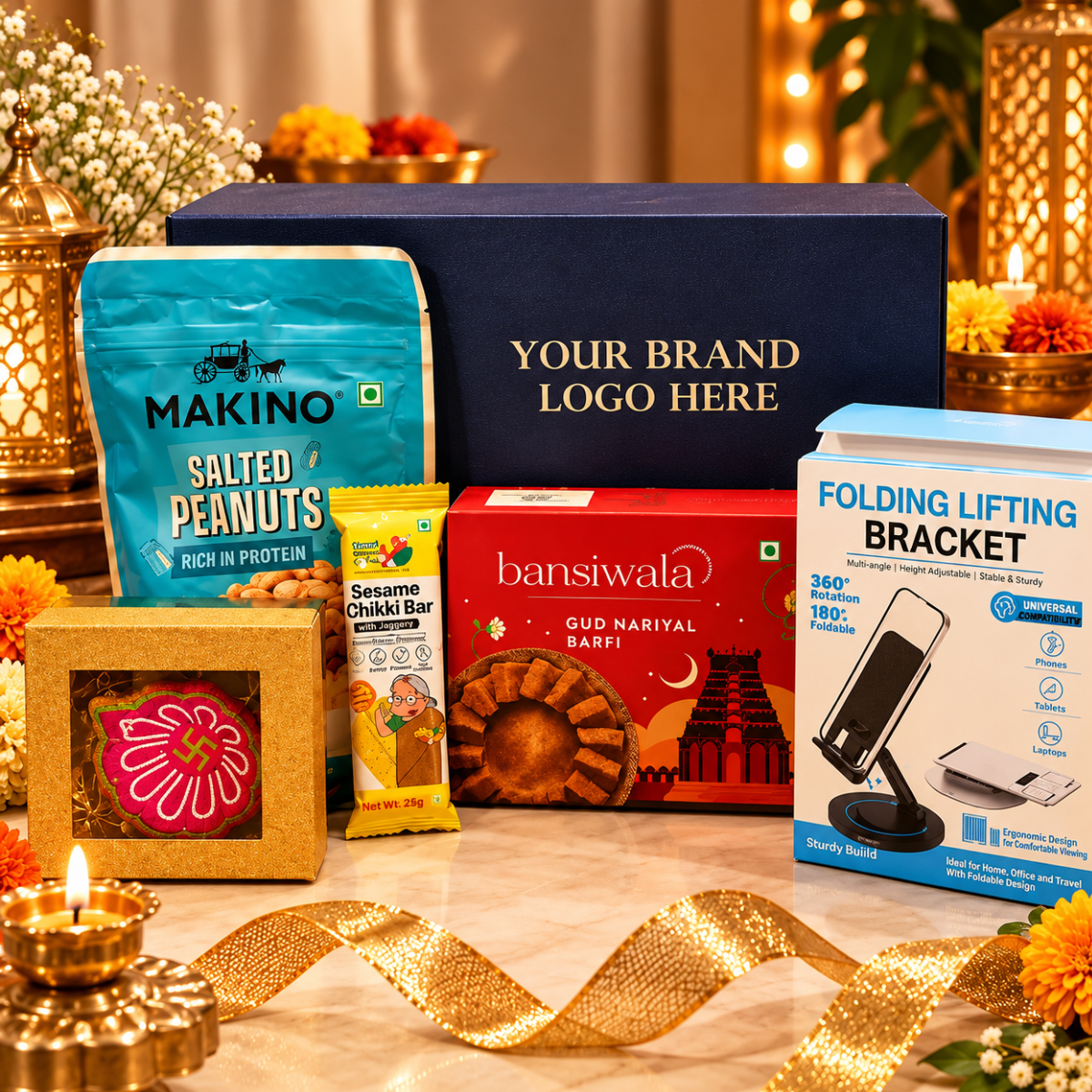 Premium Custom Diwali Corporate Gift Hamper with Dry Fruits, Sweets & Mobile Stand | Destiny Diwali Hamper