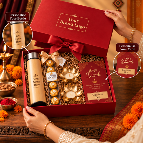 Luxury Diwali Corporate Gift Hamper with Personalised Bamboo Bottle, Chocolates & Diyas