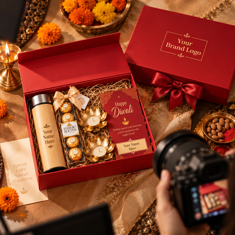 Luxury Diwali Corporate Gift Hamper with Personalised Bamboo Bottle, Chocolates & Diyas