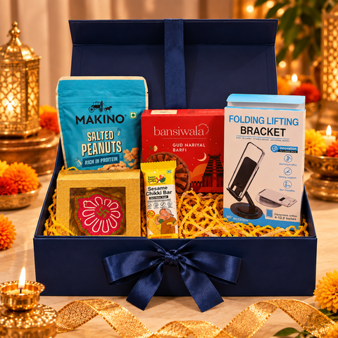 Premium Custom Diwali Corporate Gift Hamper with Dry Fruits, Sweets & Mobile Stand | Destiny Diwali Hamper
