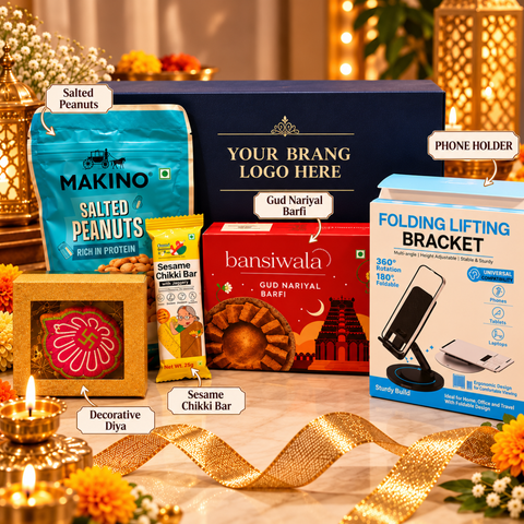 Premium Custom Diwali Corporate Gift Hamper with Dry Fruits, Sweets & Mobile Stand | Destiny Diwali Hamper
