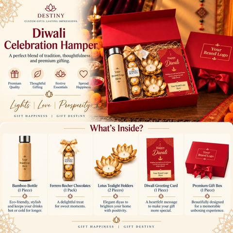 Luxury Diwali Corporate Gift Hamper with Personalised Bamboo Bottle, Chocolates & Diyas