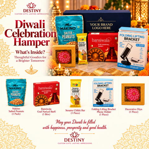 Premium Custom Diwali Corporate Gift Hamper with Dry Fruits, Sweets & Mobile Stand | Destiny Diwali Hamper