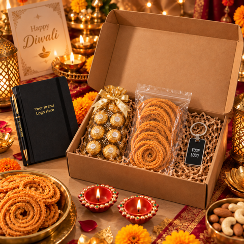 Premium Corporate Diwali Gift Hamper with Chocolates, Chakli, Keychain,Diyas & Customised Gifts | Diwali Hamper | Destiny Diwali Hamper