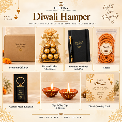 Premium Corporate Diwali Gift Hamper with Chocolates, Chakli, Keychain,Diyas & Customised Gifts | Diwali Hamper | Destiny Diwali Hamper