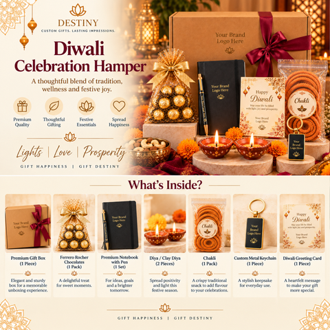 Premium Corporate Diwali Gift Hamper with Chocolates, Chakli, Keychain,Diyas & Customised Gifts | Diwali Hamper | Destiny Diwali Hamper