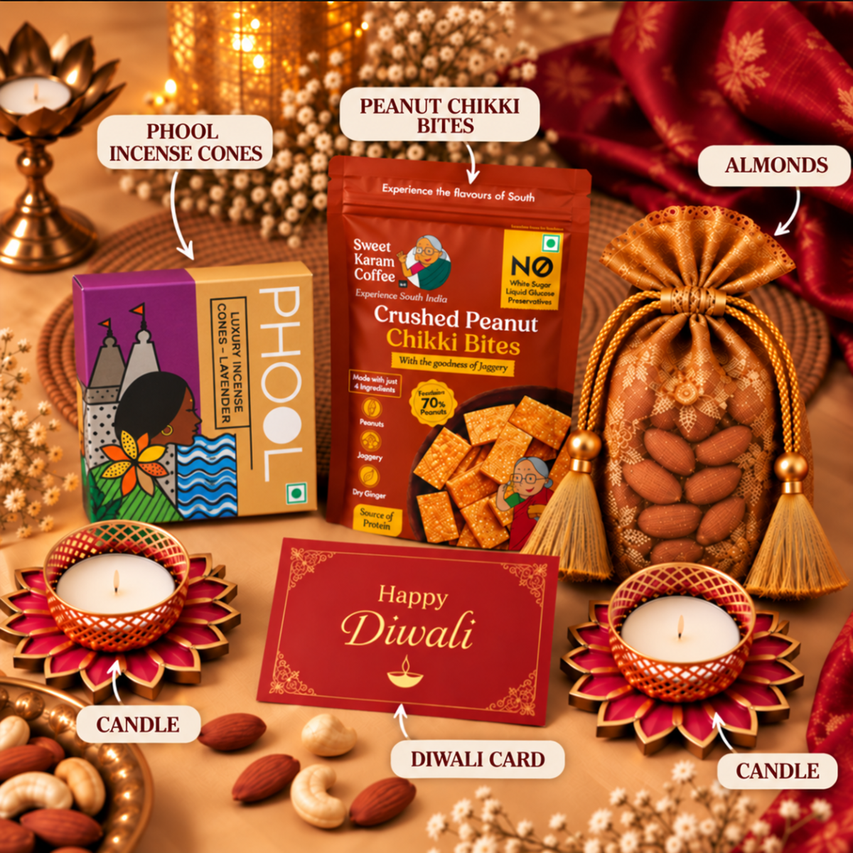 Premium Diwali Gift Hamper with Dry Fruits, Sweets & Decorative Diyas | Destiny Diwali Hamper