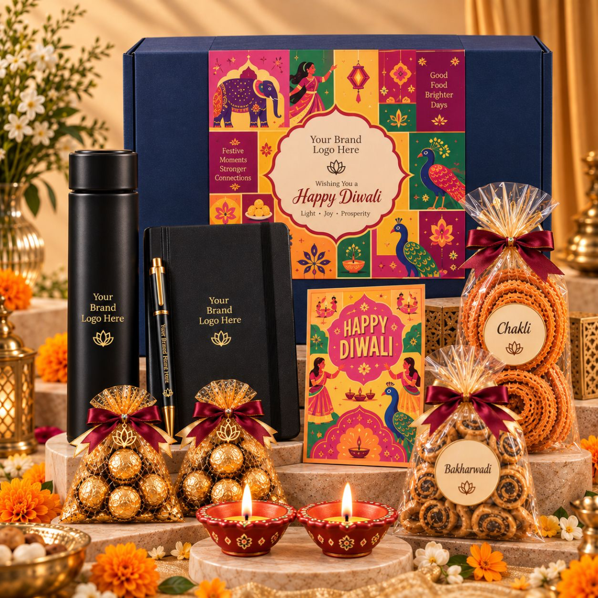 Premium Diwali Corporate Gift Hamper with Custom Branding, Personalized Greeting Card, Tumbler, Pen, Notebook, Chocolates, Bhakarwadi & Decorative Diyas