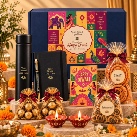 Premium Diwali Corporate Gift Hamper with Custom Branding, Personalized Greeting Card, Tumbler, Pen, Notebook, Chocolates, Bhakarwadi & Decorative Diyas