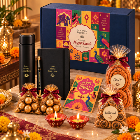 Premium Diwali Corporate Gift Hamper with Custom Branding, Personalized Greeting Card, Tumbler, Pen, Notebook, Chocolates, Bhakarwadi & Decorative Diyas