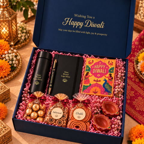 Premium Diwali Corporate Gift Hamper with Custom Branding, Personalized Greeting Card, Tumbler, Pen, Notebook, Chocolates, Bhakarwadi & Decorative Diyas