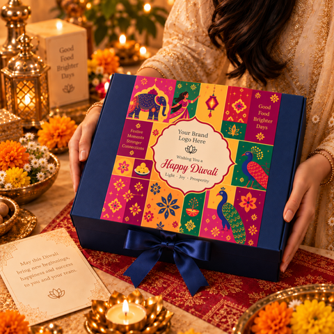 Premium Diwali Corporate Gift Hamper with Custom Branding, Personalized Greeting Card, Tumbler, Pen, Notebook, Chocolates, Bhakarwadi & Decorative Diyas