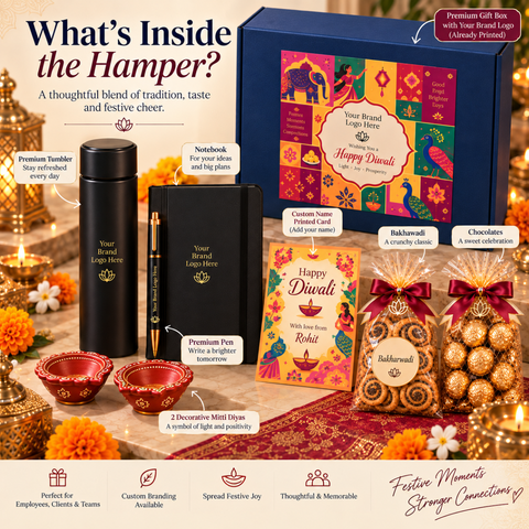 Premium Diwali Corporate Gift Hamper with Custom Branding, Personalized Greeting Card, Tumbler, Pen, Notebook, Chocolates, Bhakarwadi & Decorative Diyas