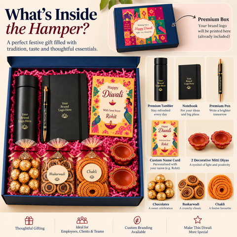 Premium Diwali Corporate Gift Hamper with Custom Branding, Personalized Greeting Card, Tumbler, Pen, Notebook, Chocolates, Bhakarwadi & Decorative Diyas