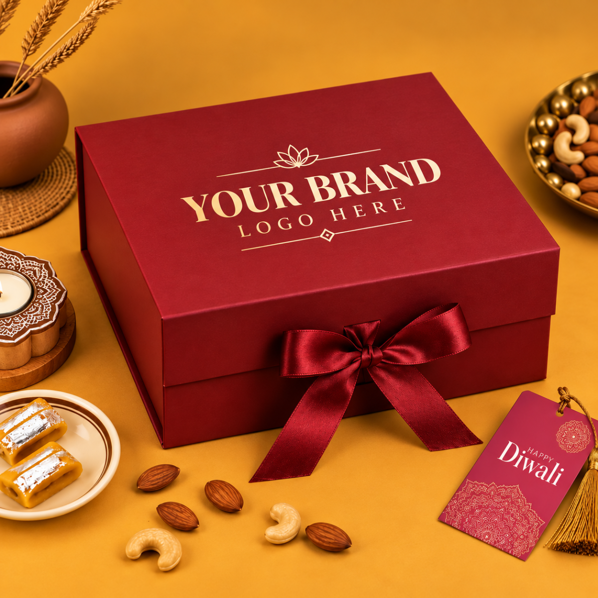 Premium Diwali Gift Hamper with Dry Fruits, Sweets & Decorative Diyas | Destiny Diwali Hamper