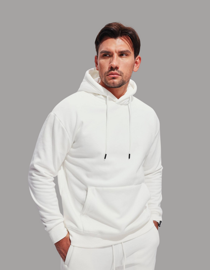 White Hoodie for Men – 320 GSM Cotton Fleece, Premium Quality & Durable