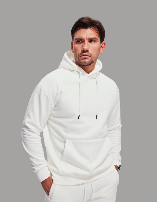 White Hoodie for Men – 320 GSM Cotton Fleece, Premium Quality & Durable