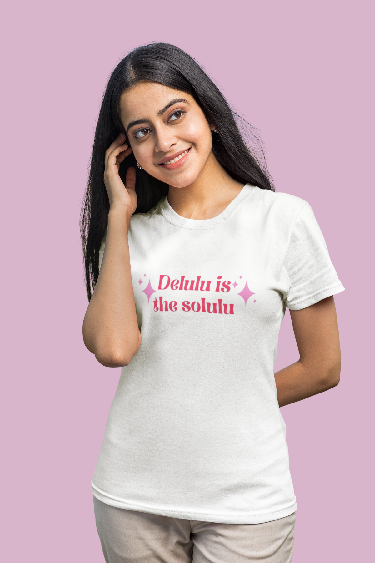 Delulu Printed T-Shirt for Women – White, Regular Fit, 180 GSM Cotton, Premium Durable Print