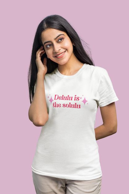 Delulu Printed T-Shirt for Women – White, Regular Fit, 180 GSM Cotton, Premium Durable Print
