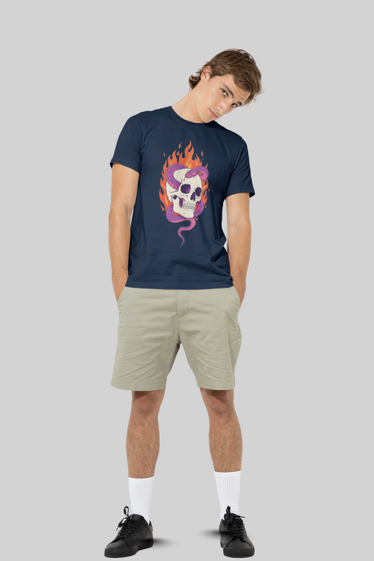 Skull & Snake Graphic T-Shirt – White | Bold Flame Print | 100% Cotton Bio-Wash | Premium Streetwear Tee